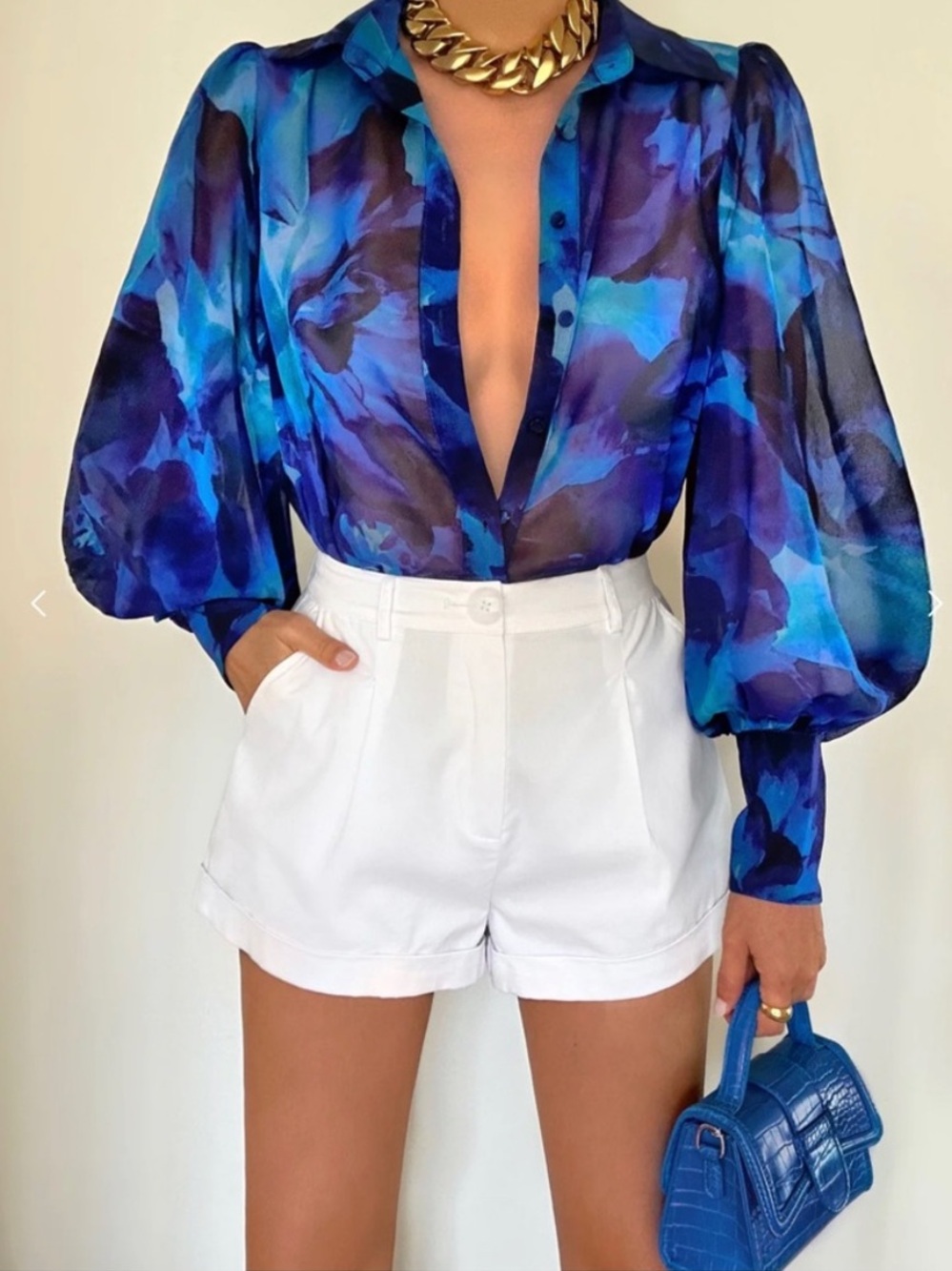 Runaway The Label Calista Abstract Puff-Sleeve Button-Up Blouse